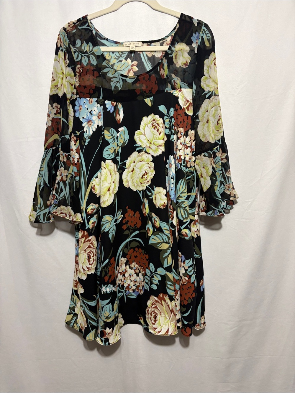 Paper Crown Black Floral Midi lined Dress with Bell Sleeves